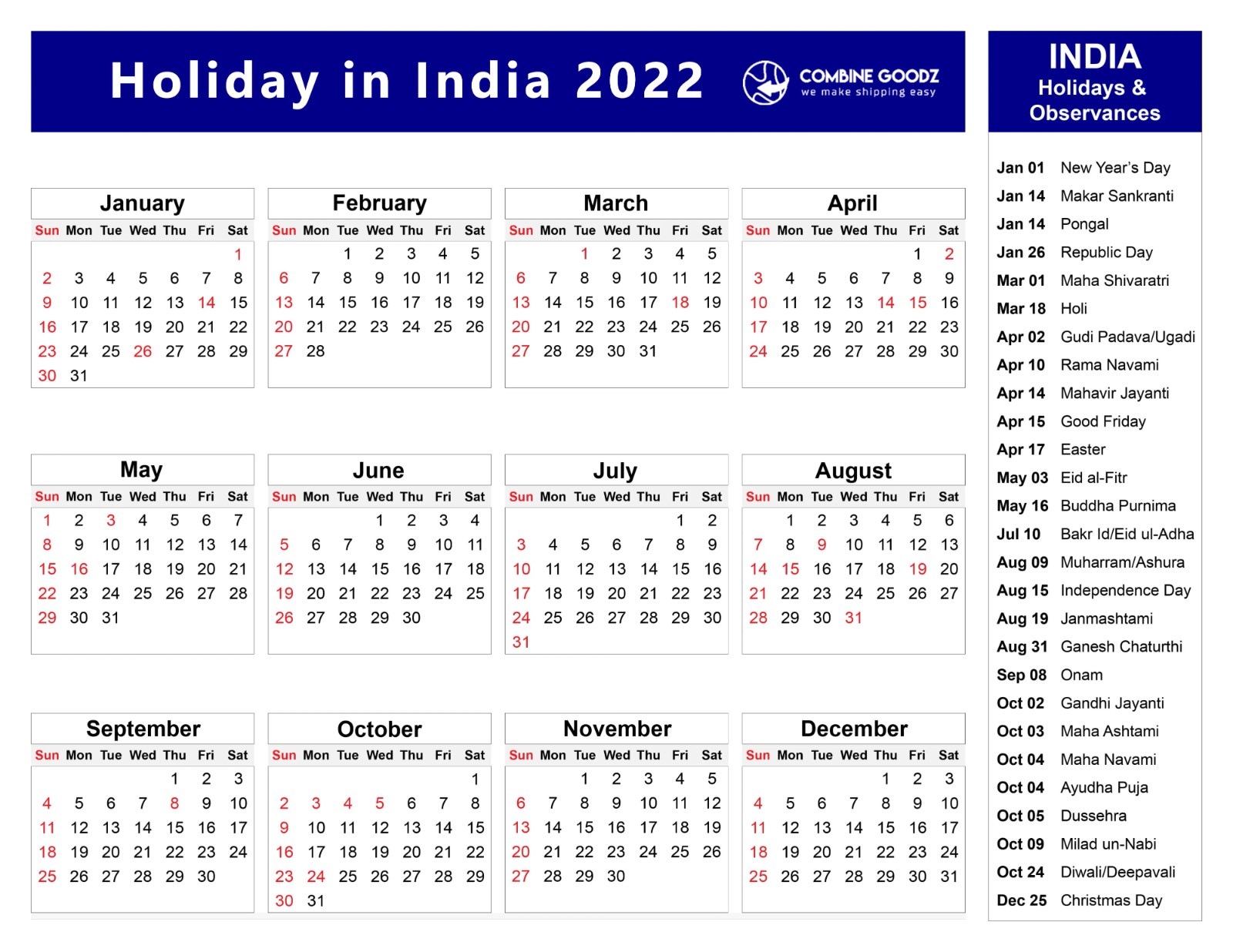 2022 India's holiday calender.jpg